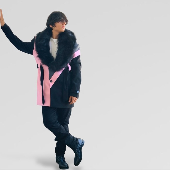 Men’s Pink | Grey | Black Double Breast Coat with Faux Fur NWT - Picture 8 of 9